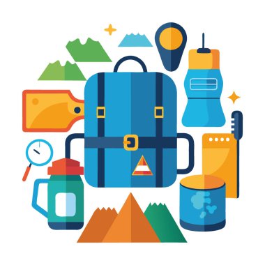 Temel macera teçhizatı, doğa gezisi gereksinimlerini içeren aile tatili keşiflerini sergiliyor. Toplanıyorum. Sırt çantası. Çadır. Su. Şişe. Harita. Yapay zeka üretildi. Vektör simgesi