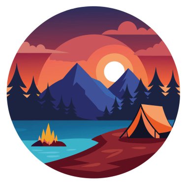 Gün batımında sakin bir göl kenarında sakin bir kamp akşamı. Sakin bir göl kenarında sakin bir kamp yeri, sudan yansıyan günbatımının sıcak parıltısını yakalar. Yapay zeka üretildi. Vektör simgesi