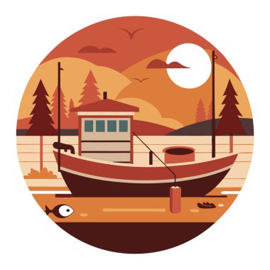 Gün batımında sakin bir göle yanaşan kırsal bir balıkçı teknesinin klasik bir çizimi. Balık ve olta takımlarıyla çevrili. Sıcak. Topraksı renkler yapay zeka oluşturdu. Vektör simgesi