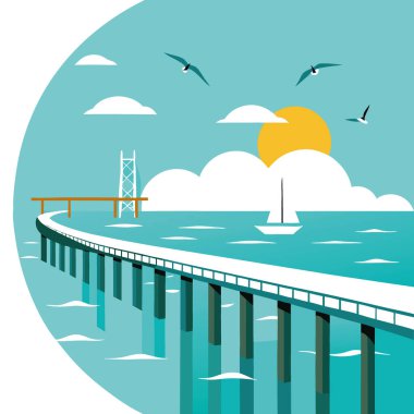 Körfez kıyısında güneşli bir gün. Uzun bir gökyüzü köprüsü balıkçı iskelesi turkuaz okyanusa doğru uzanıyor. Etrafı uçan yelkenli ve martılarla çevrili yapay zeka tarafından oluşturulmuş. Vektör simgesi