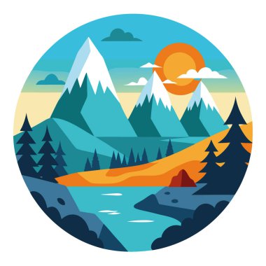 Nefes kesici dinamik manzaralar mükemmel aile maceraları doğa aktivitelerini birleştiren. Dağ. Orman. Nehir. Göl. Gün batımı. Yürüyüş. Yapay zeka üretildi. Vektör simgesi