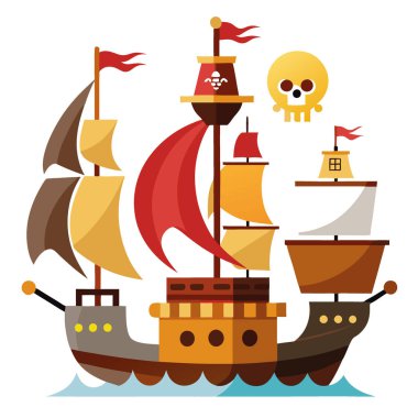 Renkli yelkenli eski ahşap yelkenlilerin modern çizimi. Kafatası ve çatal bıçaklı korsan tekneleri. AI 'ın ürettiği beyaz arka planda macera oyunları gemileri. Vektör simgesi