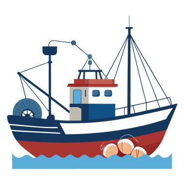 Neşter Teknesi. Balıkçı teknesi. Deniz ürünleri hasadı. Deniz tarağı. Okyanus balıkçılığı. Ticari balıkçı teknesi. Atlantik deniz tarağı. Maine Scallop Tekneleri. Yapay zeka üretildi. Vektör simgesi