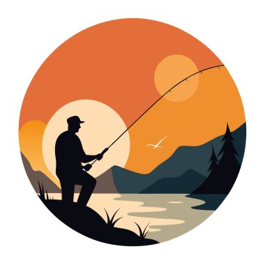 Şafak vakti bir balıkçının silueti. Güneşin doğduğu gökyüzünün altındaki sislerle kaplı bir nehre bir hat döşüyorlar. Huzuru ve balık tutmanın mistik cazibesini uyandıran yapay zeka. Vektör simgesi