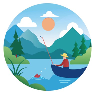 Pazar günü hava güzel olacak. Sakin bir görüntü sakin bir gölde huzurlu bir Pazar balık avını resmediyor. Yapay zekanın yarattığı doğa meraklıları ve rahatlama temaları için mükemmel. Vektör simgesi