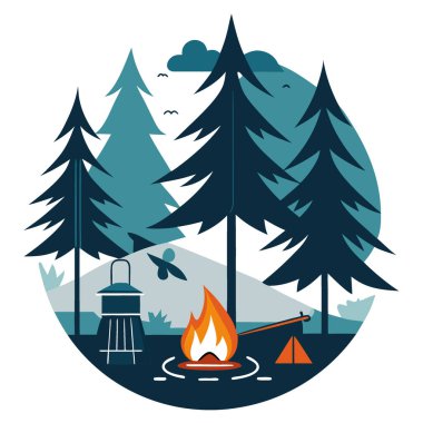 Uzak bir orman kamp alanı. Açık ateşte kızartılan balıklarla. Duman, yükselen çam ağaçlarının gölgesinde kıvrılıyordu. Vahşi doğanın özü. Yapay zeka üretildi. Vektör simgesi