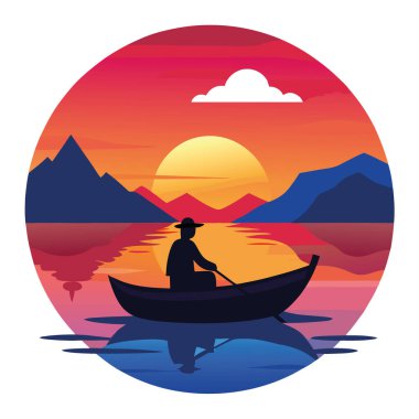 Canlı bir günbatımına karşı teknede yalnız bir balıkçının huzurlu bir sahnesi. Suyun üzerinde renkli yansımalarla. Yapay zekanın yarattığı sükunetin özünü yakalamak. Vektör simgesi