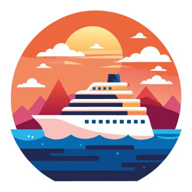Fantezi yolcu gemisi gezisi. Okyanusta lüks bir tatil. Gün batımı veya gün doğumu. Şafak veya alacakaranlık. Duvar Sanatı için tasarım. Poster baskısı. Duvar kağıdı & Arkaplanı. Yapay zeka üretildi. Vektör simgesi