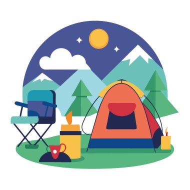 Rahat bir açık hava ekipmanı ve sakin bir ortam sunan ilham verici bir kamp alanı düzenlemesi. Sırt çantası. Kamp yapmak. Çadır. Uyuyordum. Çanta. Paspas. Katlama. Sandalye. Yapay zeka üretildi. Vektör simgesi