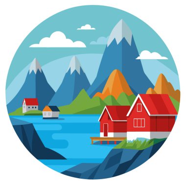 Göz kamaştırıcı doğal arka plan manzarası. Resimli Reinefjord Sahnesi Lofoten adalarının en popüler yerlerinden biri. Norveç. İdeal dinlenme yeri yapay zeka üretildi. Vektör simgesi