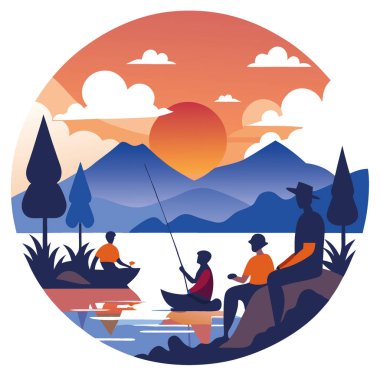 Huzurlu Günbatımı Balık Avı Ailenle Serene Gölü 'nde. Rahatlatıcı bir hafta sonunun tadını çıkarıyorum. Bağ kurma tecrübeleriyle kalıcı anılar yaratmak. Yapay zeka üretildi. Vektör simgesi