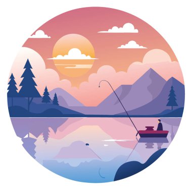 Balık avından önce sakin suların üzerinde sakin bir gün doğumu. Gökyüzündeki ve sudaki Yansımalar ve Yumuşak Renklerle Doğanın Huzurunu Yakalıyorum. Yapay zeka üretildi. Vektör simgesi