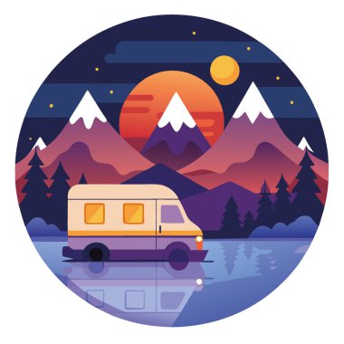 Huzurlu bir gölün yanında huzur içinde bir karavan duruyor. Ilık ışıklarla aydınlatılmış. Etrafındaki ağaçlar ve dağlar yapay zekanın yarattığı huzurlu bir alacakaranlık atmosferi yaratıyor. Vektör simgesi