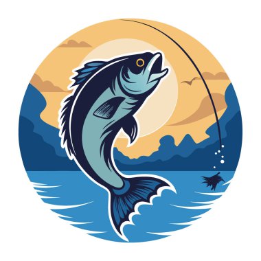 Bir balık dramatik bir şekilde sıçrar. Yeme yakalandım. Alacakaranlık arkaplanına karşı. Yapay zekanın yarattığı dinamik su sıçramalarıyla heyecan verici bir açık hava balıkçılığı anı sergiliyordu. Vektör simgesi