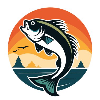 Gün batımında çarpıcı bir levrek sudan atlar. Balıkçılığın ve doğanın güzelliğini yakalamak. Açık hava için mükemmel. Spor. Yapay zekanın yarattığı macera temalı projeler. Vektör simgesi