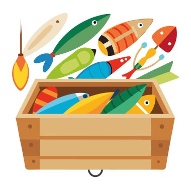 Çeşitli balık yemleriyle dolu klasik ahşap bir kutu. Çeşitli renkler ve tasarımlar sergiliyor. Açık hava meraklıları ve koleksiyoncular için mükemmel. Yapay zeka üretildi. Vektör simgesi
