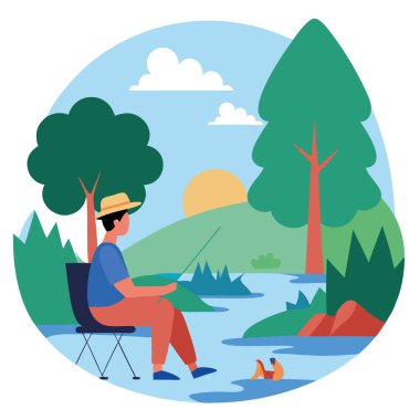 Huzurlu bir şekilde kamp koltuğunda oturan biri. Ağaçlarla kaplı nehir kıyısı. Oltayla balık tutmak. Etrafı kayalarla çevrili ve yeşilliği yansıtan sakin bir su. Yapay zeka üretildi. Vektör simgesi