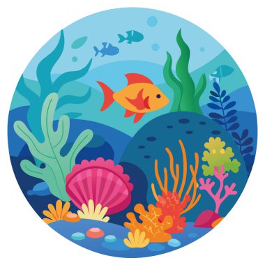 Dalgalı sualtı ekosistemleri, yemyeşil mercan renginde gelişen deniz yaşamının göz kamaştırıcı deniz ortamını içerir. Suda yaşayan. Biyolojik çeşitlilik. Resif. Okyanus. çeşitlilik. Yapay zeka üretildi. Vektör simgesi