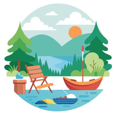 Tranquil Lakeside Sahne Kanosu. Olta kamışı. Etrafı yemyeşil ve sakin su temaları ile çevrili gevşetici sandalyeler açık hava inziva teması için idealdir. Yapay zeka üretildi. Vektör simgesi