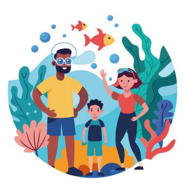 Büyük Set Resifi 'nde aile şnorkelle yüzme gezisi. Etrafı renkli mercanlar ve tropik balıklarla çevrili. Bir rehber eşsiz deniz ekosistemini açıklarken. - Evet. Yapay zeka üretildi. Vektör simgesi