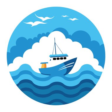 Köpekbalığının yüzgeci yakınlarda belirirken bir balıkçı teknesi derin okyanus sularında yol alır. Dağınık bulutlar ve canlı mavi denizlere karşı. Yapay zeka üretildi. Vektör simgesi