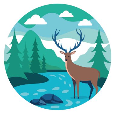 Majestic Geyik Ormanında Huzurlu Bir Ot Çekerken Balık Yakındaki Nehrin Bozulmamış Sularından Atlıyor. Huzurlu ve Ahenkli Bir Sahne Oluşturma Yapay Yapay Zeka. Vektör simgesi