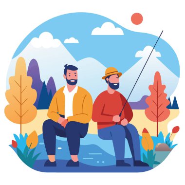 İki içerikli balıkçı. İçten gülümsüyor. Gölün kıyısında sakin bir balık avının tadını çıkar. Doğanın sükuneti ve sonbahar yapraklarının güzelliğiyle yapay zeka üretildi. Vektör simgesi