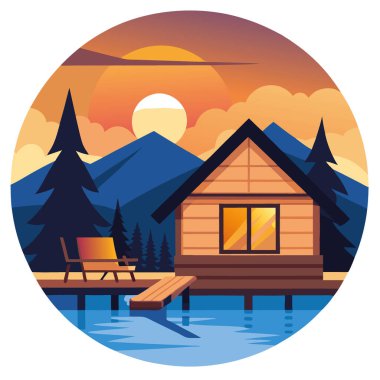 Ahşap zemini olan güzel bir ahşap kulübe gün batımında göle bakıyor. Güvertede akşam yüzüşünden ya da balık avından sonra dinlenmek için rahat koltuklar var. - Evet. Yapay zeka üretildi. Vektör simgesi
