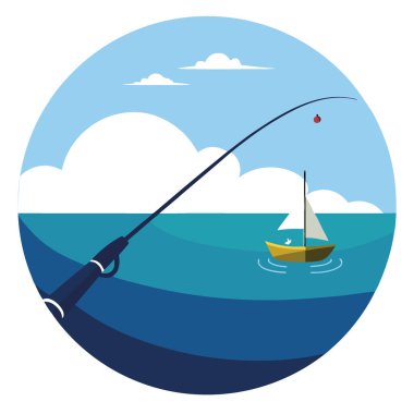 Uzakta bir tekneyle denizin üzerinde tutulan bir oltanın yakın plan çekimi. Maceranın özünü yakalamak ve yapay zekanın yarattığı barışçıl bir meşgale arayışı. Vektör simgesi