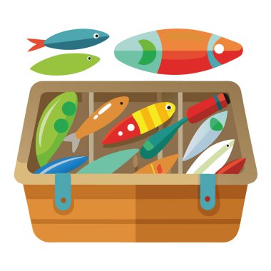Renkli balık yemi dolu bir olta kutusu. Kırsal bir ahşap masa karşısında çeşitli boyutlarda ve şekillerde sergileniyor. Balık avlama maceralarını çağrıştırıyor. Yapay zeka üretildi. Vektör simgesi