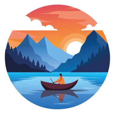 Güneş sakin dağ gölünün üzerinde batarken. Bir adam basit bir ahşap teknede yelken açar. Bu manzaralı ve sakin manzarada doğanın sükunetini yakalamak. Yapay zeka üretildi. Vektör simgesi