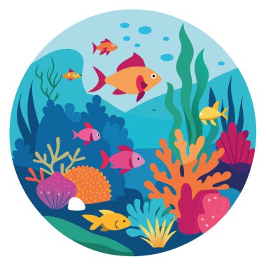 Renkli mercan resifleri kristal berrak suların altında çok çeşitli deniz yaşamı egzotik türleri. Su altında. Okyanus. Suda yaşayan. Hayat dolu. Ekosistem. Biyolojik çeşitlilik. Yapay zeka üretildi. Vektör simgesi