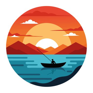 Huzurlu Günbatımı Denizde Bir Teknede Balıkçılık. Tranquil Waters ve Vibrant Sky 'ı yakalamak. Doğa aşıkları için ideal. Macera Avcıları. ve Gevşeme Temaları. Yapay zeka üretildi. Vektör simgesi