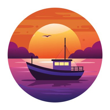 Güneş batarken sakin sularda yüzen bir balıkçı teknesi. Gökyüzünde canlı turuncu ve mor renkler bırakıyor ve denizin yüzeyine yansıyor. Yapay zeka üretildi. Vektör simgesi
