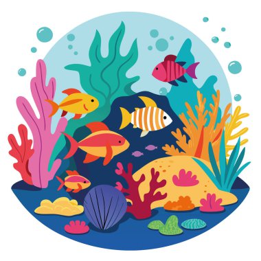 Renkli mercan resifleri çeşitli balık türlerini canlı sualtı ekosistemi ile doldurdu. Hayat dolu. Denizci. Okyanus. Suda yaşayan. Biyolojik çeşitlilik. Yaşam alanı. Deniz. Doğa. Tropikal. Yapay zeka üretildi. Vektör simgesi