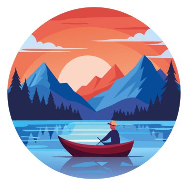 Bu huzurlu manzara günbatımında sakin bir dağ gölü gösteriyor. Tahta bir teknede yelken açan bir adam. Cennet gibi bir açık hava macerası yaratmak. Yapay zeka üretildi. Vektör simgesi