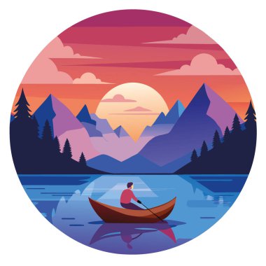 Gün batımında sakin bir dağ gölü basit bir ahşap teknede yelken açan bir adam sergilenir. Sakin sularla çevrili ve akşam gökyüzünün güzel yansımaları. Yapay zeka üretildi. Vektör simgesi