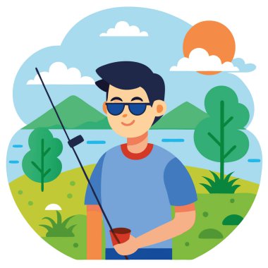 Güneş gözlüklü genç bir adam ışıl ışıl gülümser. Gölün kenarında huzurlu bir balık avının tadını çıkarıyorum. Yapay zekanın yarattığı yemyeşil bir arka planda sergilenen rahatlama ve memnuniyet. Vektör simgesi