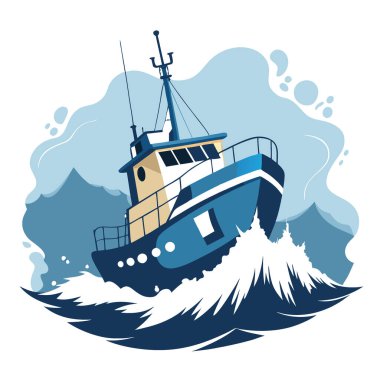 Dalgalı sularda yüzen balıkçı teknesi. İlerledikçe su sıçratıyor. Sahne, okyanusun gücünü ve teknenin elementlere karşı dayanıklılığını yakalar. Yapay zeka üretildi. Vektör simgesi