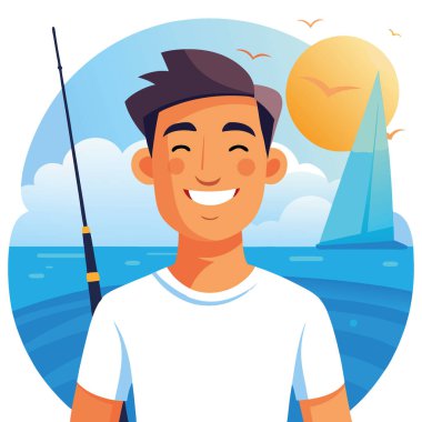 Gülümseyen neşeli bir adam. Derin deniz balık avına hazırım. Tropik marina arka planı. Sıcak güneş ışığı. Sıradan giysiler. Olta kamışı. Yakın çekim 1. Yapay zeka üretildi. Vektör simgesi