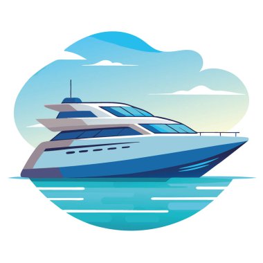 Modern Tasarım ve Şık Çizgilerle Sakin Su Üzerinde Yüzen Zarif Lüks Yat. Seyahat için mükemmel. Boş zaman. Ve Tropikal Cennet 'te Keşif Maceraları. Yapay zeka üretildi. Vektör simgesi