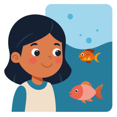 Akvaryumda yüzen turuncu balığı izleyen güzel, gülümseyen küçük bir kızın yakın çekimi. Gezmek için. Seyahat et. Eğlence ve eğlenceli aile hafta sonu konseptleri yapay zeka ürünü. Vektör simgesi