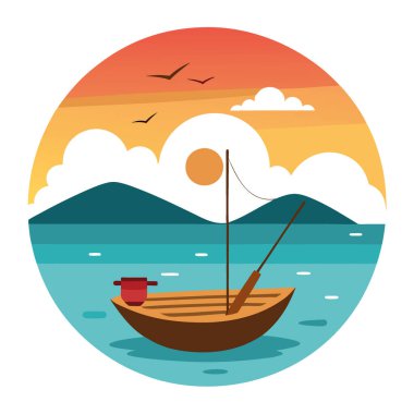 Serene Sunrise balıkçılık sahnesinde ahşap bir teknede çoklu çubuklar vardı. Sakin okyanus. Uzakta bir ada. Seyahat için mükemmel. Macera. Yapay zekanın yarattığı eğlence temaları. Vektör simgesi