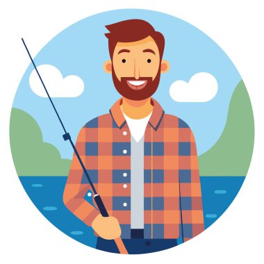 Flanel gömlek giyen gülümseyen bir adam. Güneşli bir günde balık avlarken elimde olta tutuyordum. Yapay zekanın oluşturduğu bir gölde sergilenen rahatlama ve açık hava eğlencesi. Vektör simgesi