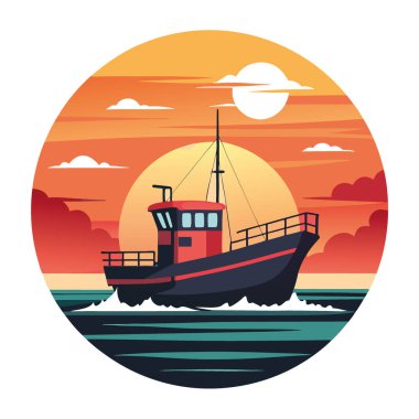 Görkemli bir balıkçı teknesi gün batımında sakin okyanus sularını kesiyor. Gökyüzü turuncu ve pembeye boyanmış. Yapay zekanın yarattığı deniz güzelliğini gösteriyor. Vektör simgesi