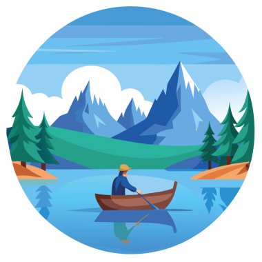 Bu sakin sahne, ahşap bir tekneyle güzel bir dağ gölünü geçen bir adamı çekiyor. Güzelce yansıtan karlı tepeler ve gür çam ormanları. Yapay zeka üretildi. Vektör simgesi
