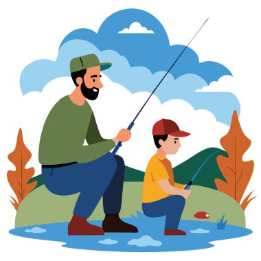 Gölde balık tutarken oğluyla bağ kuran bir baba. Ailevi bağlantıları ve açık hava maceralarını gösteriyor. Yapay zekanın ürettiği hem şapka hem de kamuflaj giysileri giyiyor. Vektör simgesi