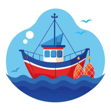 Okyanusta balıkçı teknesi. Ağlar ve yakalama ağlarıyla çevrili. Balıkçıların sıkı çalışmalarını sergilemek. Canlı mavi su, tekne renkleriyle çelişiyor. çarpıcı görüntü oluşturuluyor. Yapay zeka üretildi. Vektör simgesi