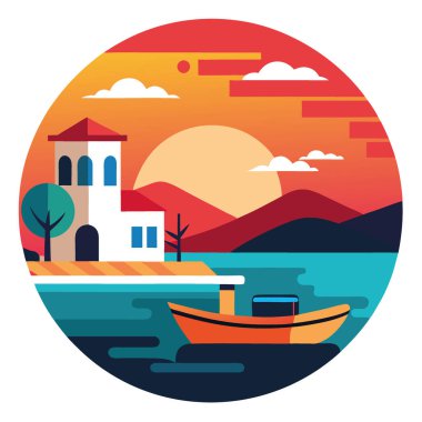 Logari limanında renkli bir gün doğumu ve arkasında Kyparissi köyü olan küçük bir balıkçı teknesi. Mora Yarımadası 'nın resimli yaz sahnesi. Yunanistan. Avrupa 'da yapay zeka üretildi. Vektör simgesi