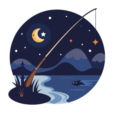 Gece Balıkçılık Sahnesi. Bent Rod. Karanlık Su. Yıldızlı Gökyüzü. Dramatik Işıklandırma. Gece fotoğrafçılığı. Balık oltası. İyi geceler. Koyu. - Su. Yıldızlar. Açık havada. Doğa. Vahşi yaşam. Yapay zeka üretildi. Vektör simgesi